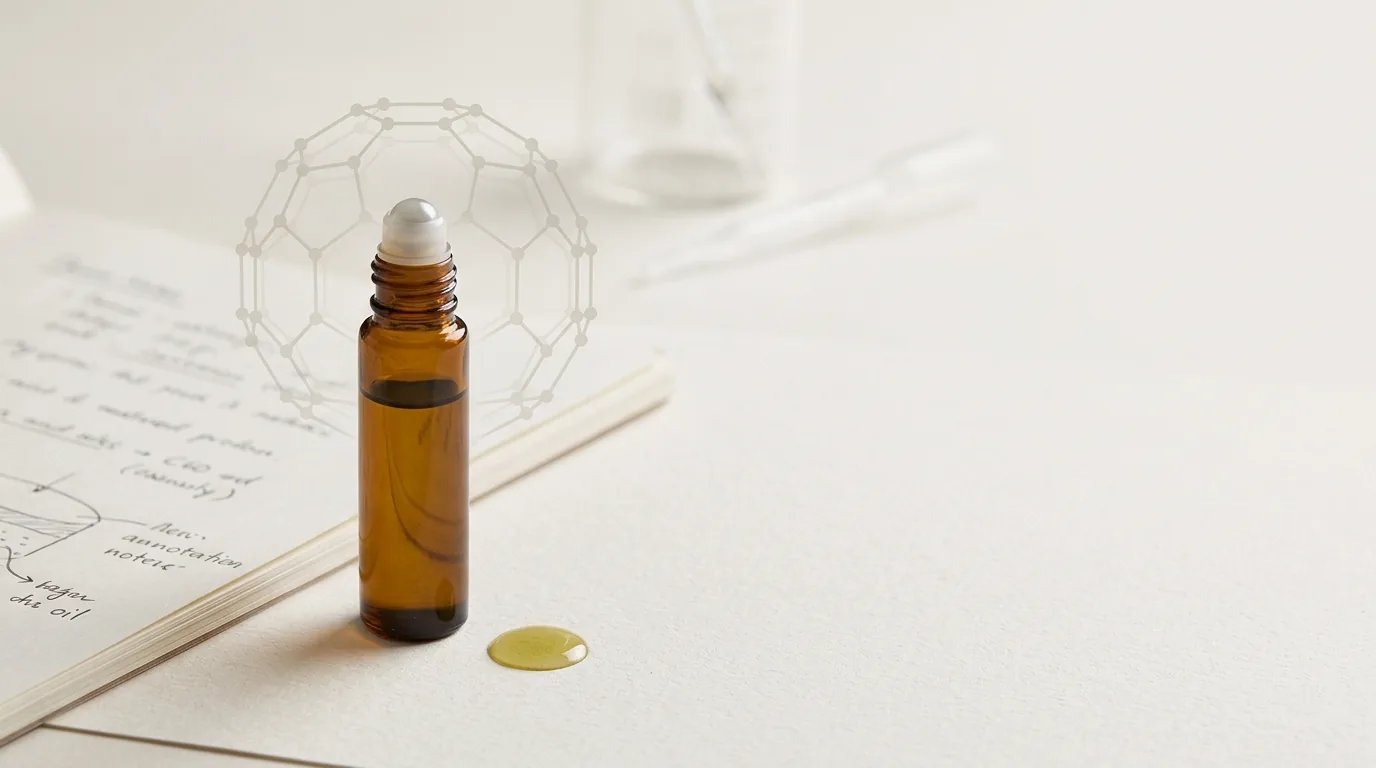 Eine C60-Roll-On-Flasche auf handschriftlichen Labornotizen mit einer molekularen Fullerengrafik und einem Tropfen Olivenöl