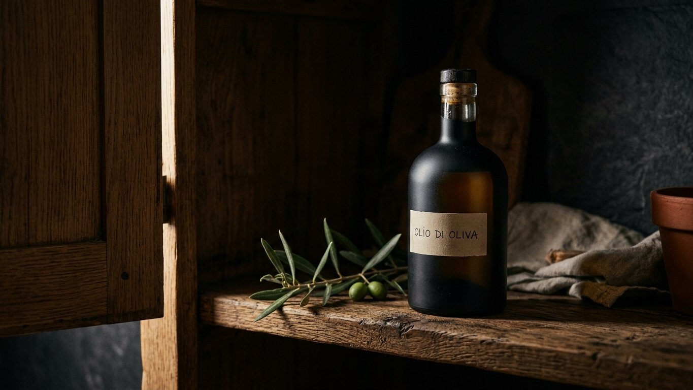 Eine dunkle Glasflasche C60-Olivenöl auf einem Holzregal in einem kühlen, dunklen Schrank, daneben ein Olivenzweig
