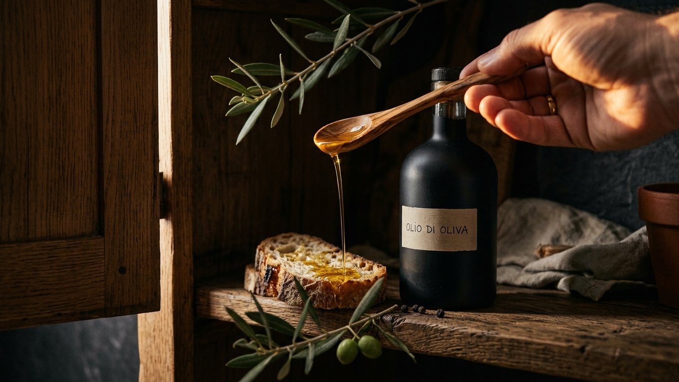 Un cucchiaio di legno versa olio d'oliva C60 verde-dorato su pane rustico, con una bottiglia di vetro scuro e un ramo d'olivo