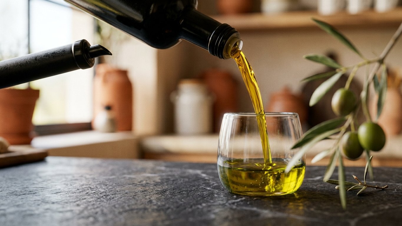 Gouden extra vergine olijfolie wordt uitgeschonken, ter illustratie van het belang van draagkwaliteit voor C60 fullereen