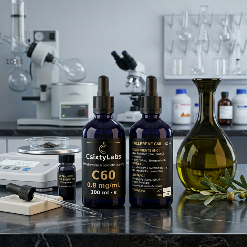 CSixtyLabs C60 Fullereno Aceite de Oliva — Frasco en entorno de laboratorio